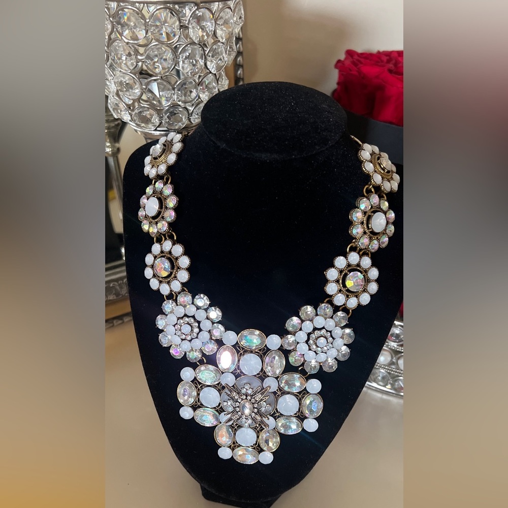 Amrita Singh White Rhinestones and Opal Gemstones gold tone statement necklace